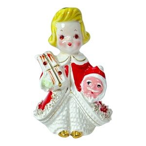 Vintage KREISS Japan Ceramic Christmas Shopper Girl Gift and Santa Gold Gilding